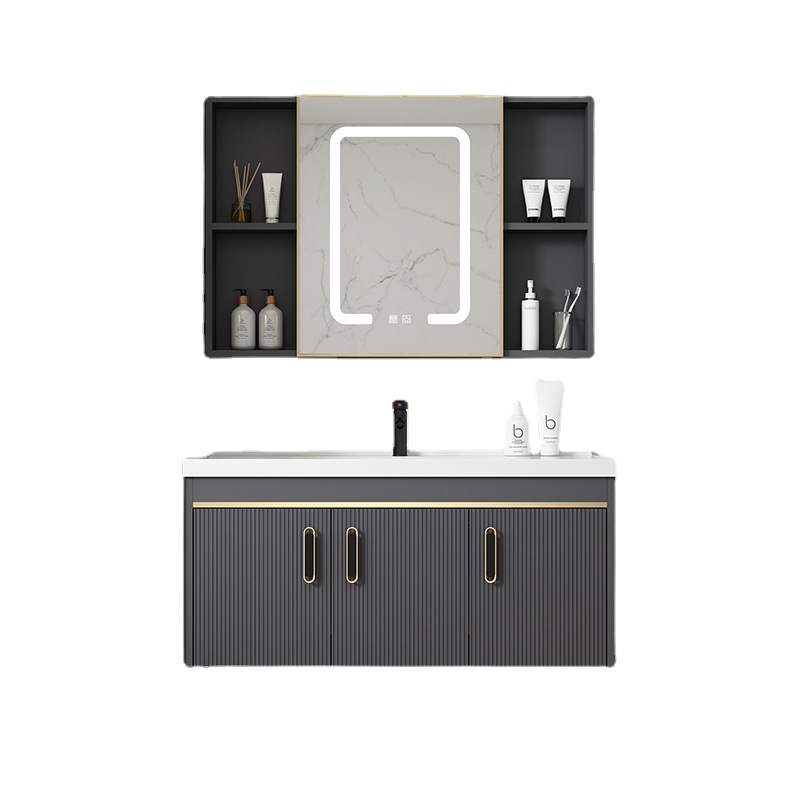 Gabinete de baño de aluminio de espacio de lujo ligero baño moderno minimalista integrado lavabo de cerámica gabinete combinación Placa de roca mesa de lavado