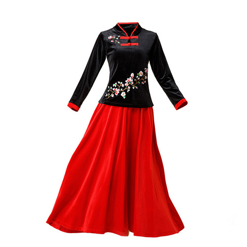 Autumn and Winter Square Dance Costume with Embroidered Gold Velvet, Chinese Folk Style, Group Performance Set for Middle-Aged Adults