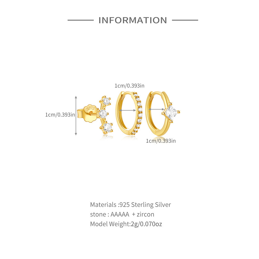 1 Set 925 Sterling Silver Zircon Geometric Earrings Ear Studs display picture 3