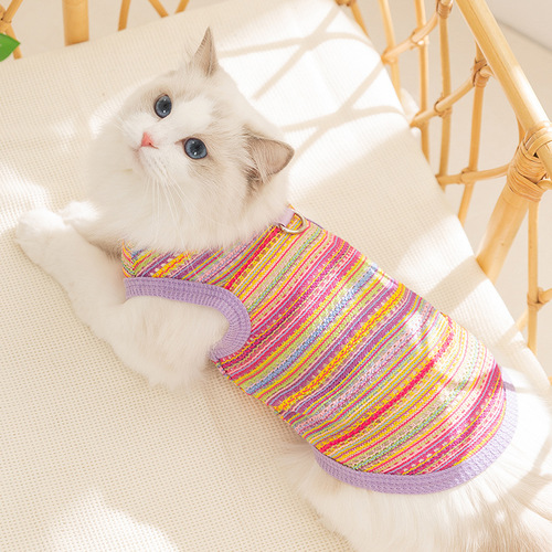 Spring and summer cat clothing: Multi-color knitted hollow-out vest—breathable, cool, and leash-compatible pet apparel