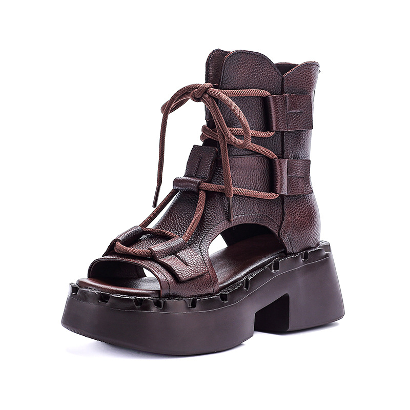 Giày sandal cao gót nữ da bò thật đế dày, mũi hở, quai buộc dây phong cách La Mã — màu nâu