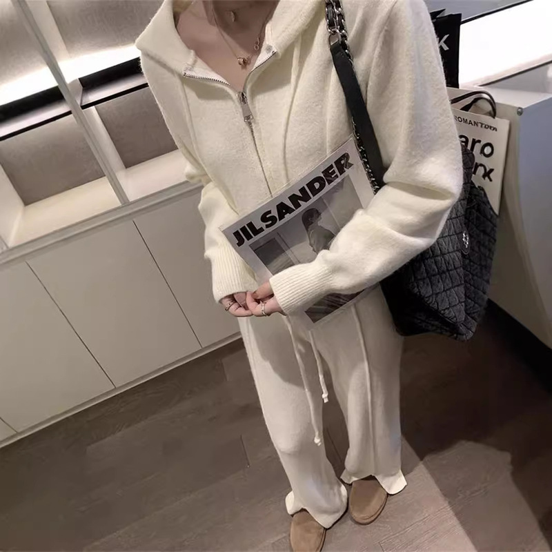 Hooded Short Sweater and Long Pants Knit Set for Women 2025 Autumn and Winter New Casual Slit Wide-Leg Pants Two-Piece Set