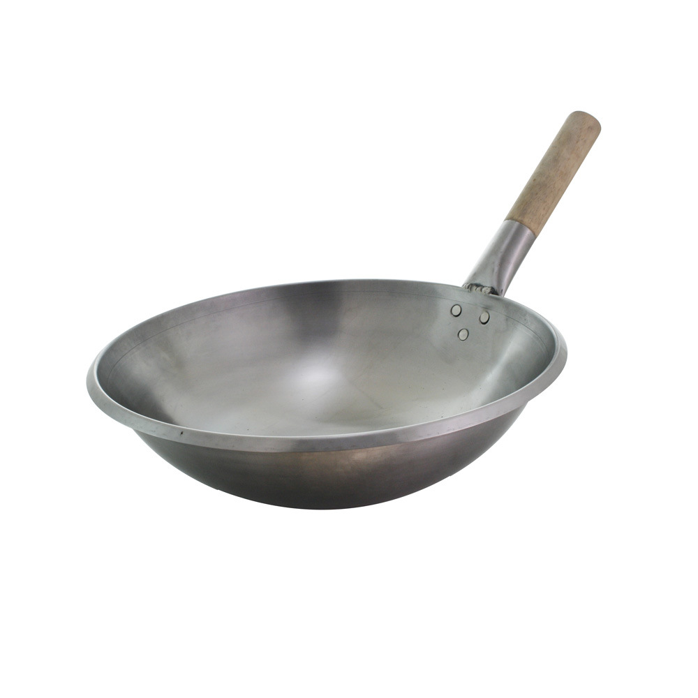 나무 손잡이 둥근 바닥 회전식 냄비 웍 주방 필수 요리 냄비 나무 손잡이 둥근 바닥 철 냄비 붙지 않는 냄비