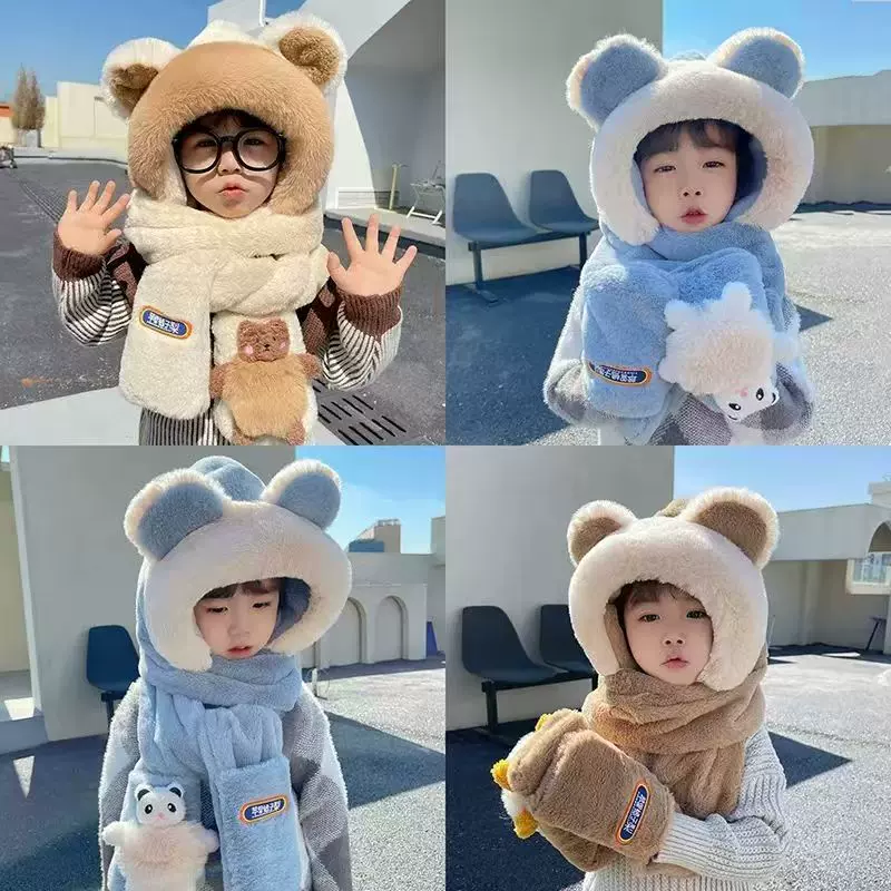 帽子冬季围脖围巾小熊秋冬季一体毛绒可爱加厚连帽保暖护耳手套