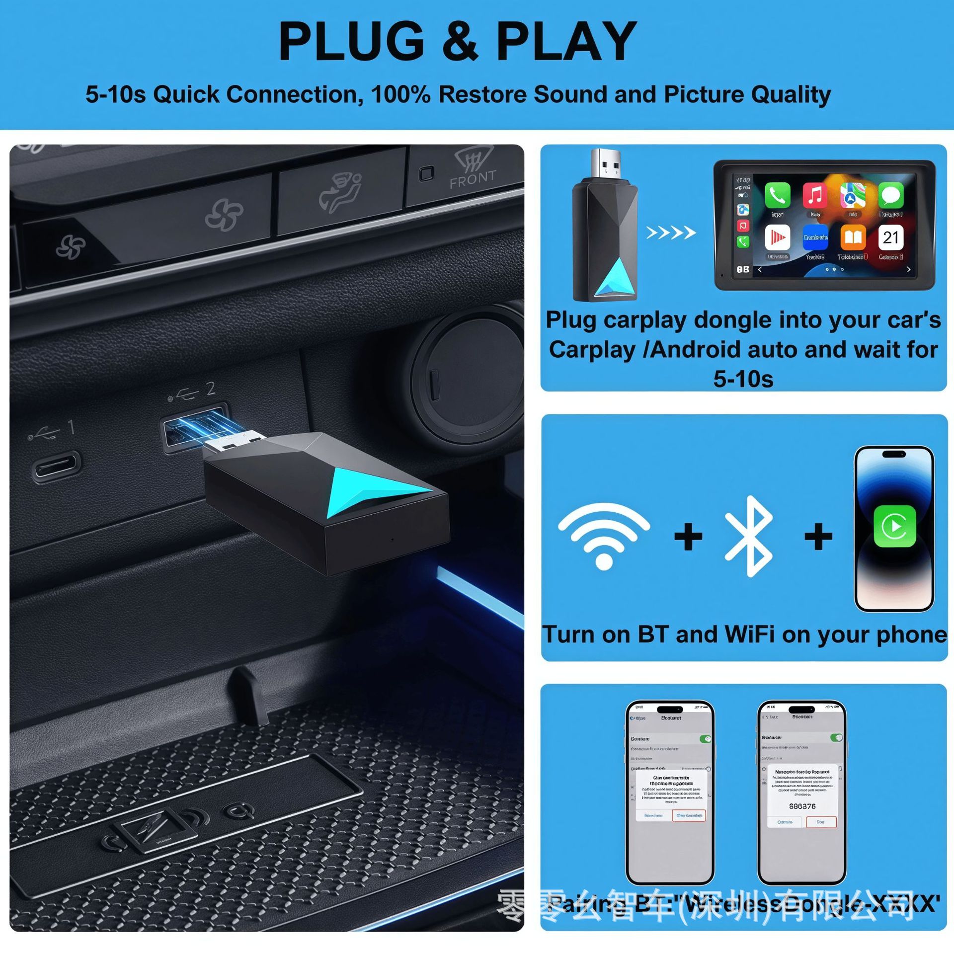 Original Car Wired-To-Wireless Carplay Box for Interconnection, Exclusively for Cross-Border Use, Compatible with Original Car Models for Wireless Upgrade