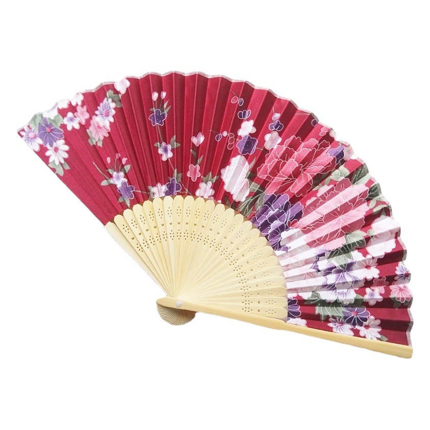 Hay en stock Changsha regalo ventilador 21cm estilo japonés bambú seda ventilador color primario hueso satén paño ventilador