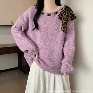 26秋新高级设计感复古长袖针织衫上衣女大码胖mm豹纹系带软糯毛衣