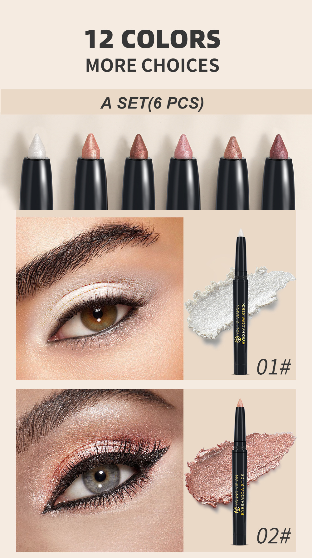 YOUNG VISION 6-color Eyeshadow Pen set: Pearlescent Rotating Eyeshadow stick for easy coloring, brightening and contouring undefined