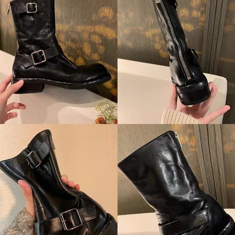 牛皮葡萄妈美拉德靴子复古真皮中筒瘦瘦靴女皮带扣短靴厚底马丁靴|undefined
