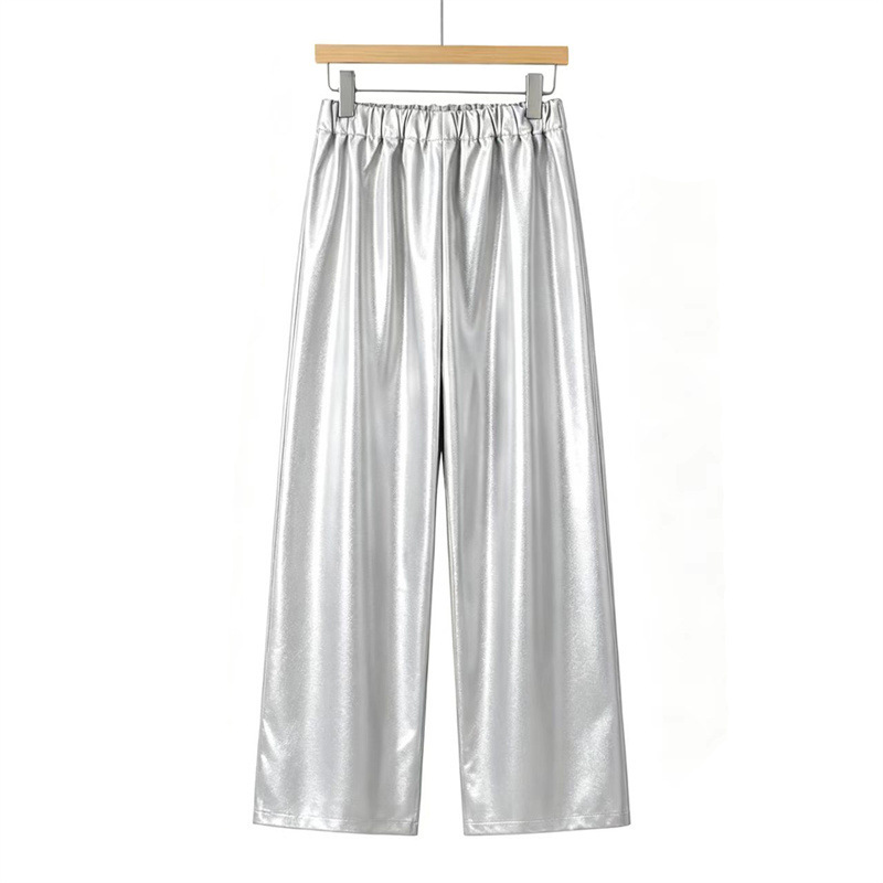 High-Waisted Wide-Leg Pu Leather Pants for Women, New Autumn and Winter Style, Loose Drape, Floor-Length Straight Casual Pants, Trendy Versatile Silver Color