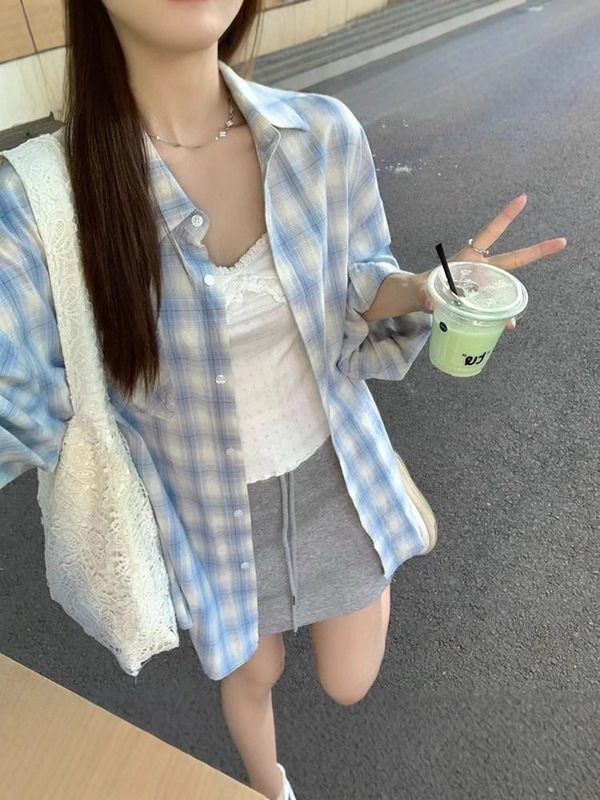 美式复古蓝色格子衬衫外套女2025秋季新款别致宽松休闲防晒衬衣潮|undefined