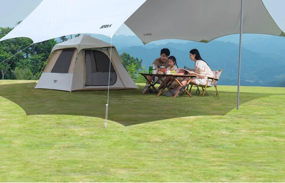 Primitive-style large outdoor tent with professional sun protection silver-coated canopy, beach sunshade, table and chairs for camping