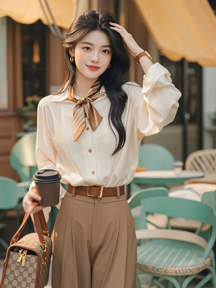 GraceChic 2025 Spring And Autumn Korean Version Ins Simple Apricot Long Sleeve Shirt Wide Leg Two-Piece Women's Professional Suit_voghion.com