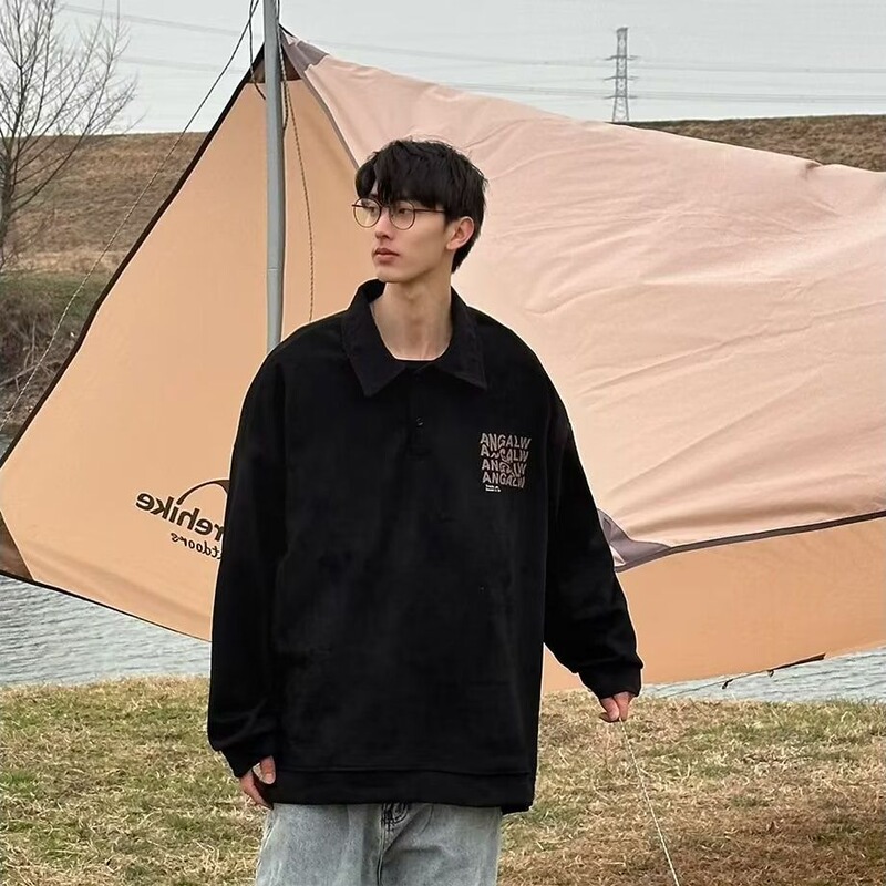 Polo Shirt Men's Trendy Brand Ins Niche High Street Versatile Lapel Sweatshirt Spring and Autum Loose Oversize Long-Sleeved T-Shirt