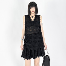 甜酷港风小众设计感蕾丝时尚套装纯色V领背心+松紧腰显瘦蕾丝短裤