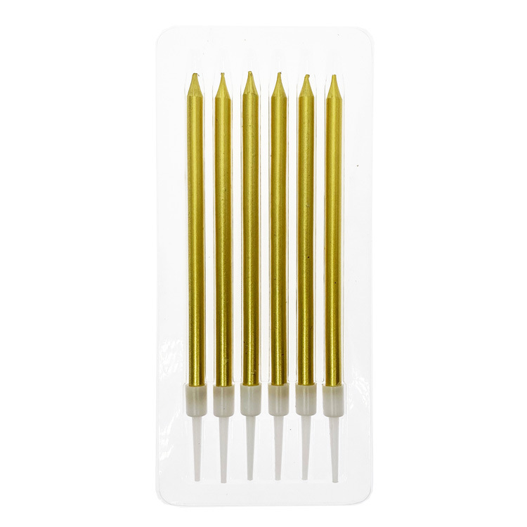 Gold and Silver Colorful Plated Gold Long Rod Birthday Candle, Dessert Table Cake Baking Supplies, 6 Pack