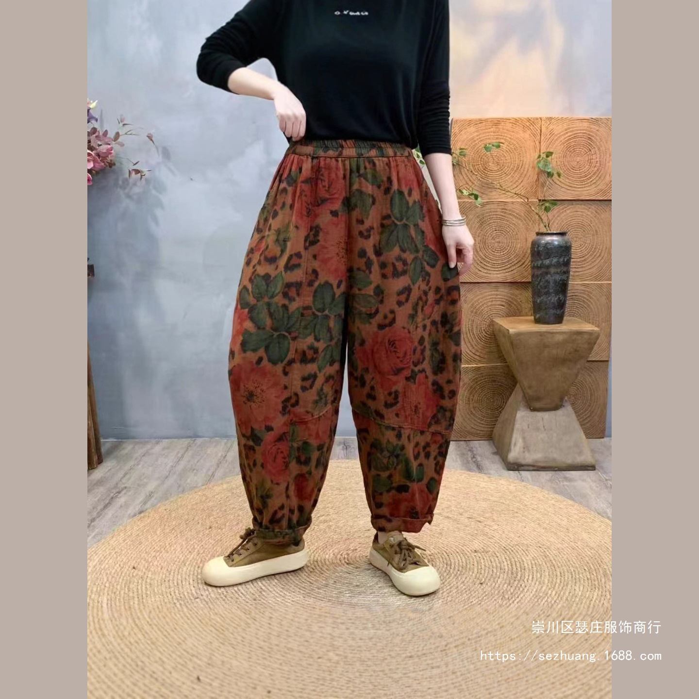 复古印花棉麻哈伦裤女2025秋季松紧腰休闲裤新款宽松小脚裤批发