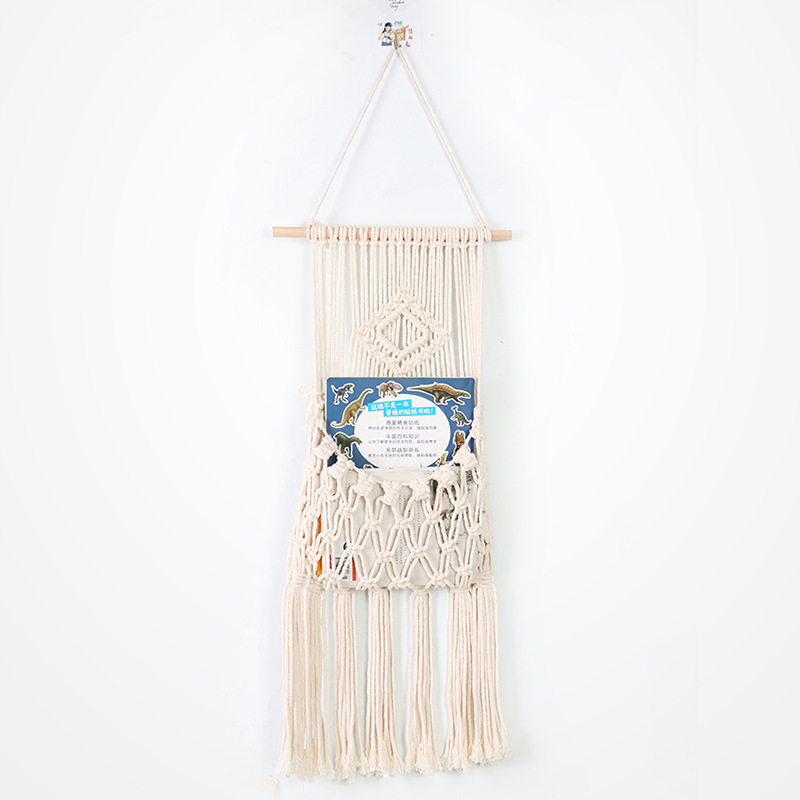 北欧简约编织棉绳带木棍挂壁式书兜家居挂篮墙面壁饰储物吊篮批发