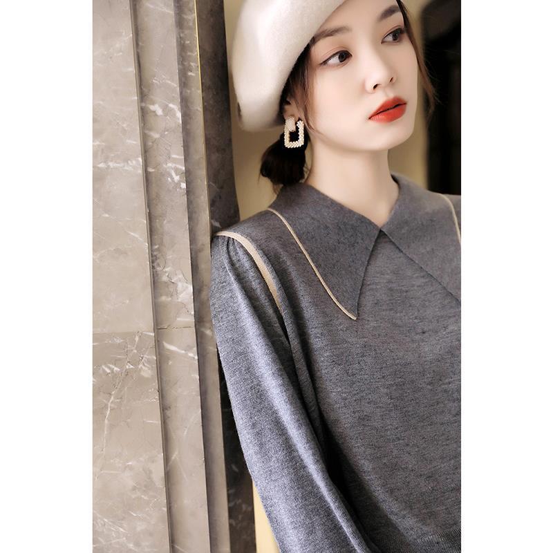Pointed Collar Wool Knitwear Women's Design Sense Niche Loose Sweater Western Style Age-reducing Contrast Color Side Chicken Leg Sleeve Top Pointed Collar Wool Knitwear Women's Design Sense Niche Loose Sweater Western Style Age-reducing Contrast Color Side Chicken Leg Sleeve Top