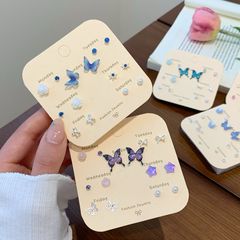 秋のカラフルな蝶と花と真珠のイヤリングセット、女性用シルバーニードル、小さくて上品で甘い高級感のあるイヤリング