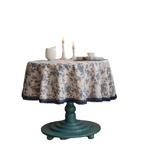 Yimanqiyun tablecloth blue rose printed tablecloth cotton and linen round fabric retro small round table INS style