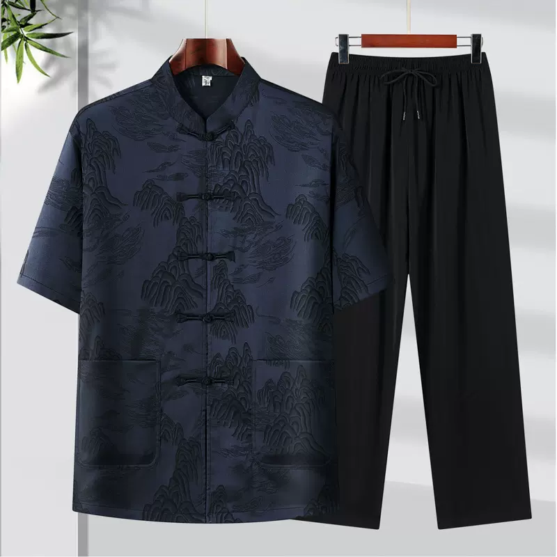 品牌唐装男中老年夏季仿真丝绸衣服爷爷套装短袖新中式国风两件套