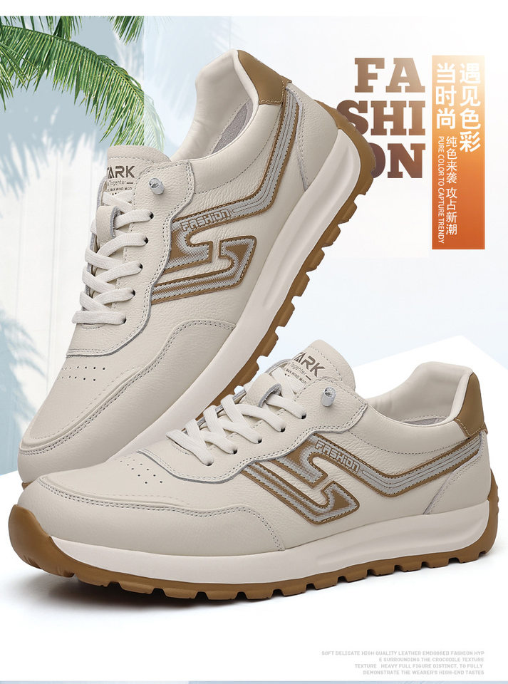 Giày sneaker nam da bò lớp đầu, kiểu Forrest Gump, da thật mỏng nhẹ thoáng khí, đế xốp, cổ thấp — Hạnh nhân trắng, Trắng xanh chi tiết 5