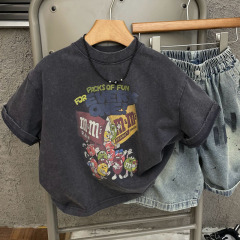 2025 夏の新韓国スタイルボーイズカジュアル漫画西洋スタイル古い半袖 Tシャツ子供のトップス卸売子供服