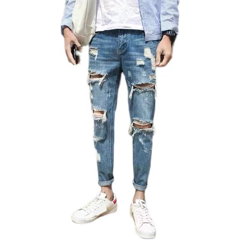 Men's Clothing Socially Conscious Young Man's Cropped Ripped Jeans Slim Fit 9/10 Length Pants Stylish Men's T-Shirt Handsome Men's Clothing Denim_voghion.com