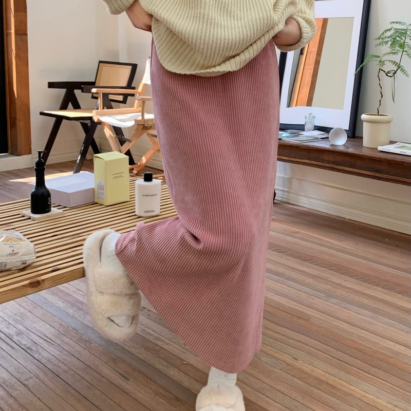 加绒灯芯绒A字半身裙女秋冬胖MM松紧高腰直筒裙子显瘦长裙纯色潮|undefined