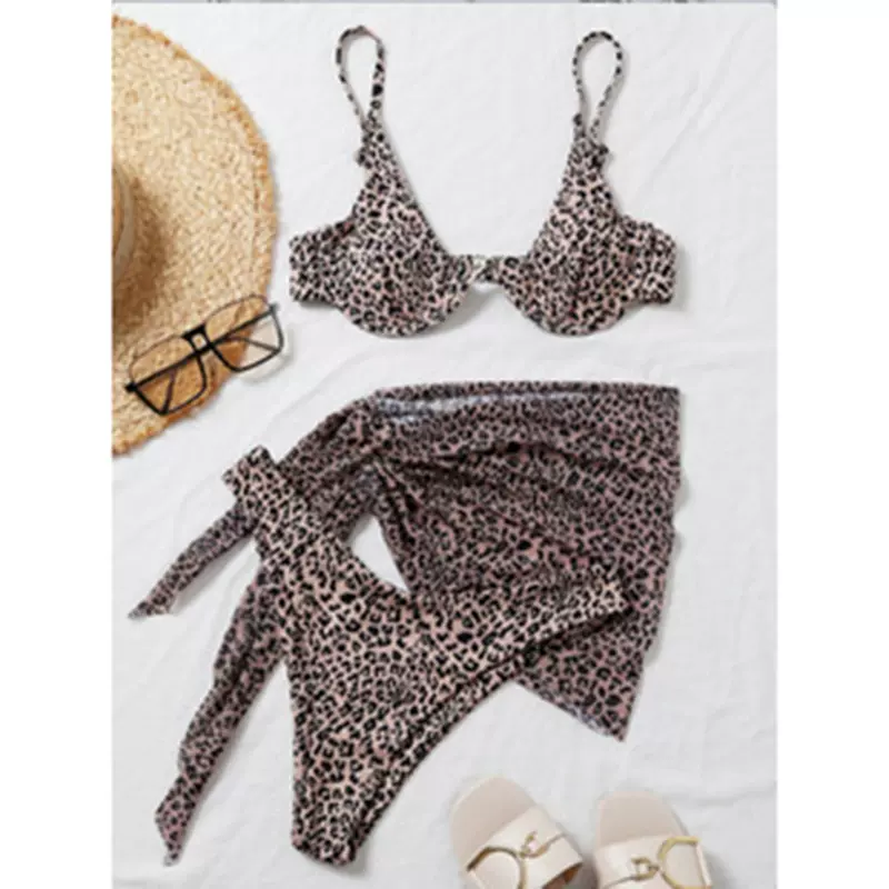 2023初见新款豹纹性感比基尼欧美跨境现货三件套沙滩裙泳装