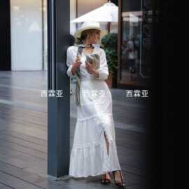 金辉夏季新款高奢时尚棉布领拼蕾丝排扣连衣裙
