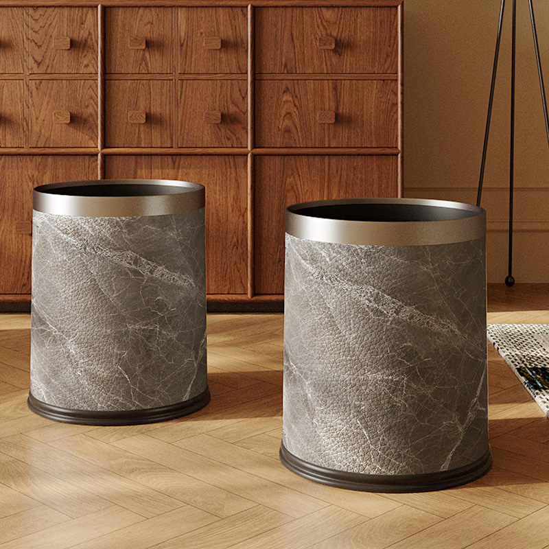 Marbled Leather Trash Can for Home Living Room, Light Luxury, High-End Bedroom, Office, Modern Simple Lidless Paper Basket