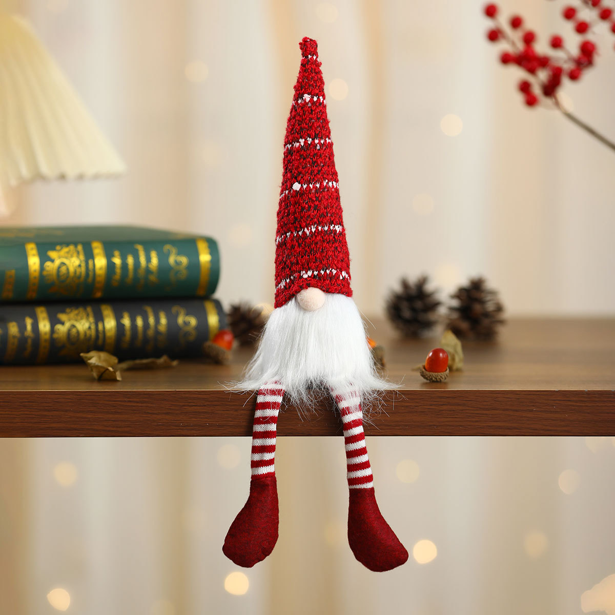 Muñeca de Navidad sentada adornos pequeños regalos sombrero de punto rayado Rudolph muñeca de piernas largas decoración para el hogar