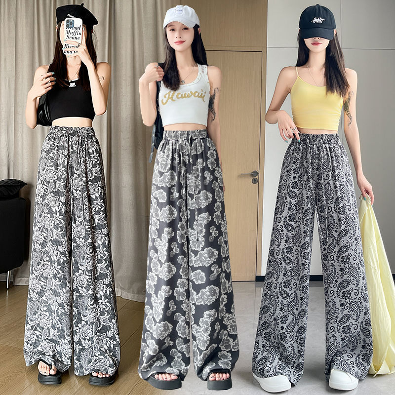 夏の女性向けの新しいレトロプリントワイドレッグパンツ、レイジーハイウエスト、ゆったり、スリム、ストレートレッグ、ポケットなしパンツ|undefined