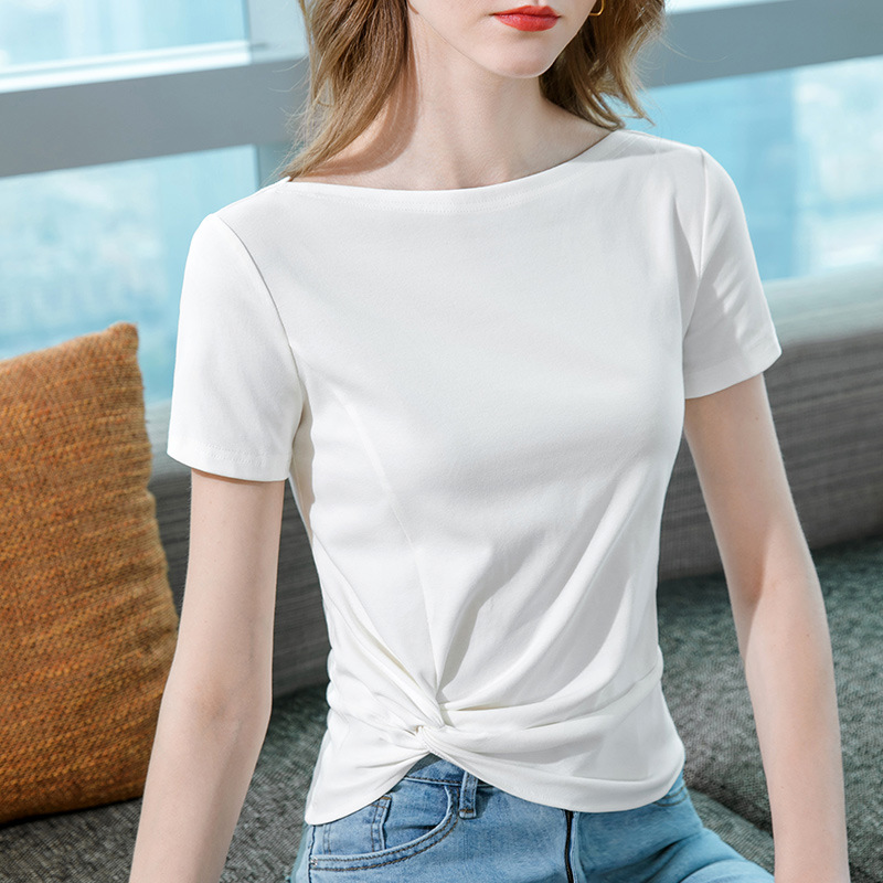 Camiseta de manga corta para mujer verano 2023 nueva camiseta de algodón elegante con hombros descubiertos para mujer diseño irregular top ajustado a la cintura image 7
