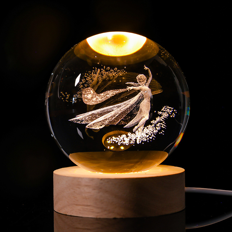 Bola de cristal luminosa lámpara de noche 3D esculpida estrella base de madera sólida regalo de cumpleaños decoración de escritorio creativa