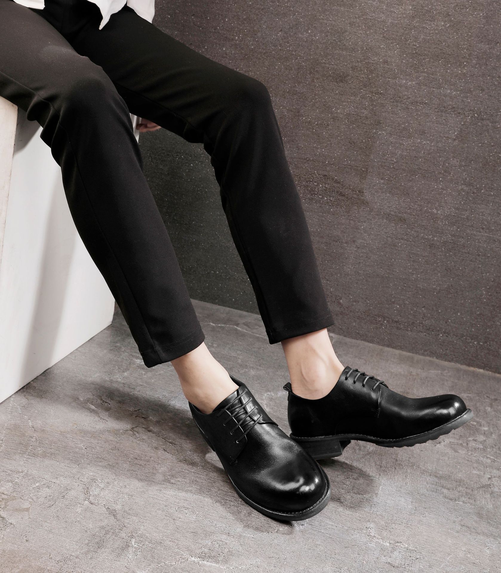 Chaussures en cuir à lacets pour hommes, semelle extérieure en cuir, tête ronde, décontractées, couche de tête, cuir de vache, couleur unie_voghion.com