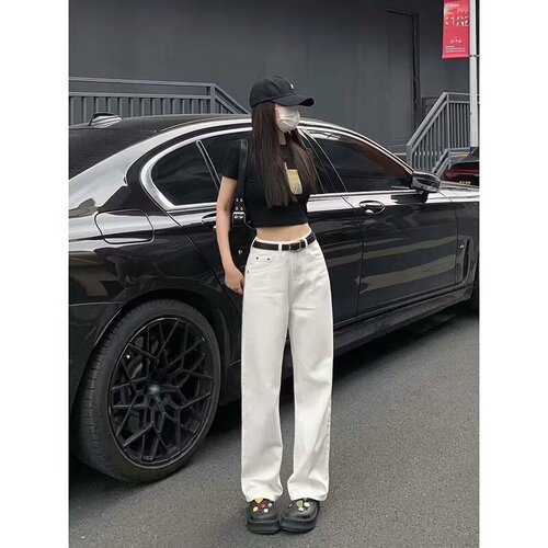 Narrow Wide Spring and Autumn Wide Leg Pants High-Waisted Long Pants Trendy See-Through Proof White Straight Leg Denim for Women Petite