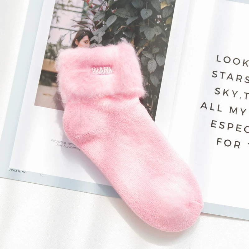 Warm knee socks with plush fur cuff and embroidery, mid-length, assorted colors