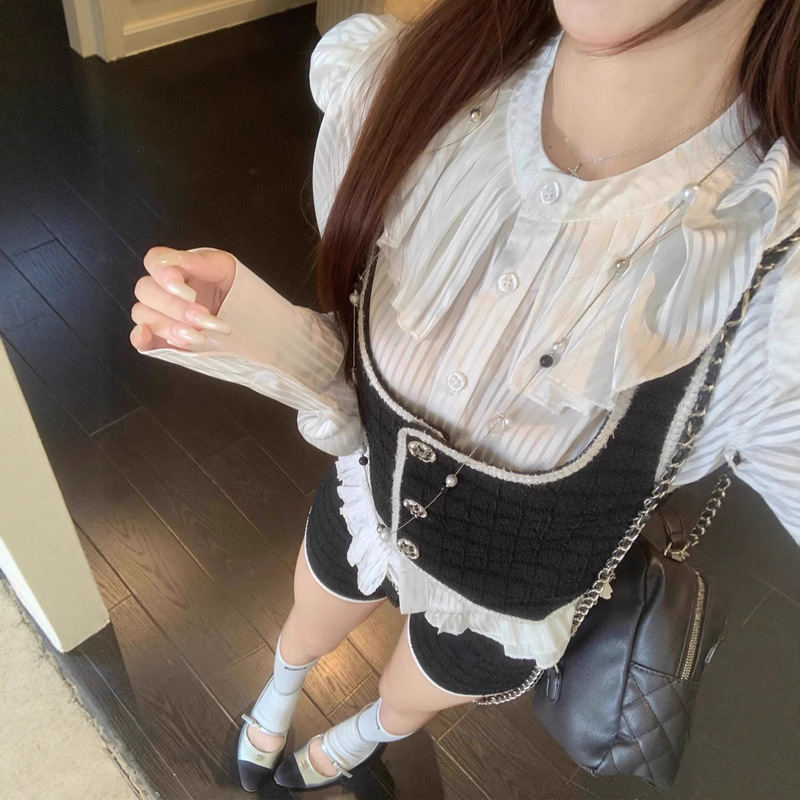 小香风条纹长袖衬衫女叠穿马甲秋季202新款显瘦休闲裤短裤三件套|undefined