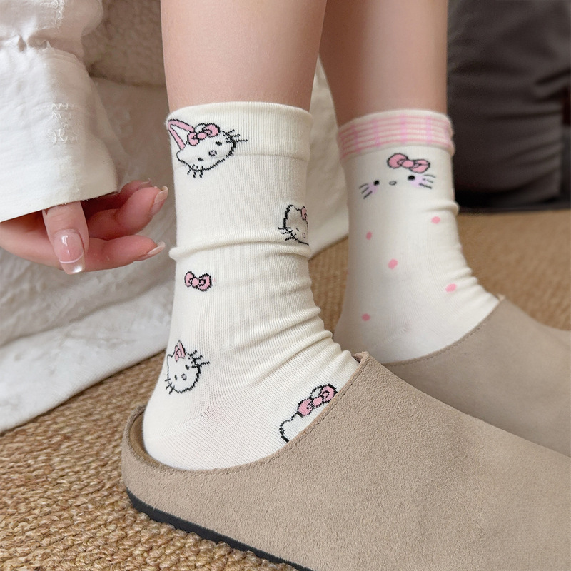 Cute Cartoon Kt Cat Socks for Women, Lace Mid-Calf Socks, Age-Reducing Versatile Ins Girly Cute Cotton Slouch Socks