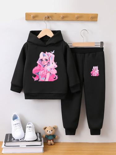 Women's Fall/Winter Fashion Hoodie Set for Kids - 2-Piece Cartoon Style for Girls with Long Sleeves