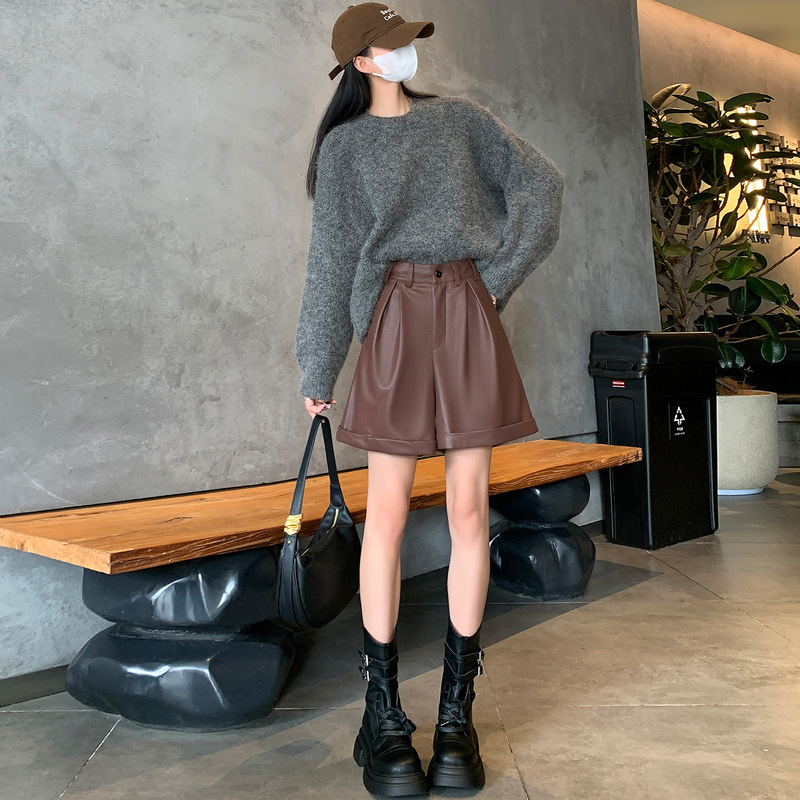 2024 Leather Shorts Women's Autumn and Winter PU Korean Style Leather Pants A- shaped High Waist Wide Leg Pants Loose Slimming Straight Pants