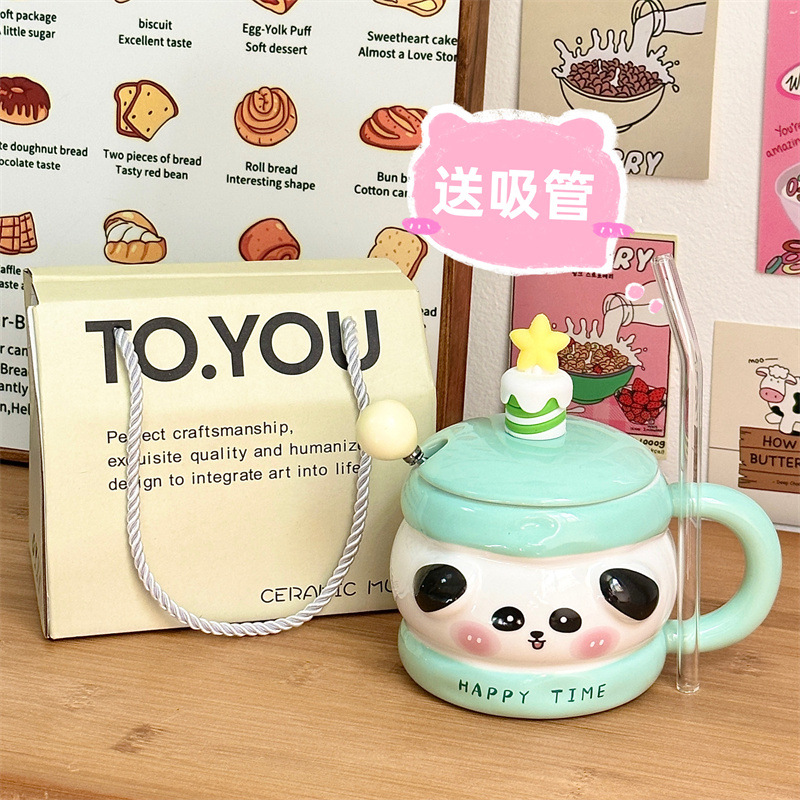 Regalo de cumpleaños taza de cerámica con cubierta de cuchara taza de agua de dibujos animados taza de regalo de mano taza de café doméstica de oficina mujer