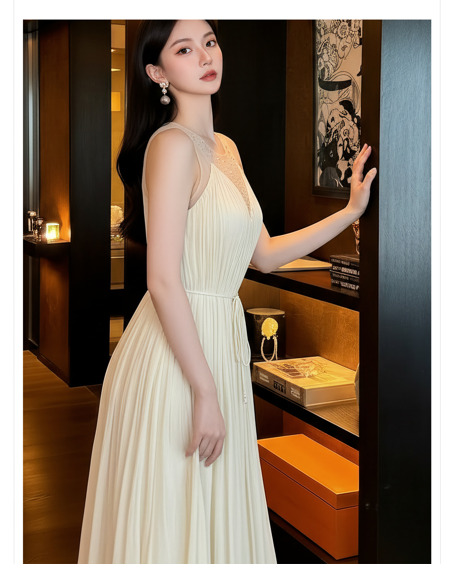 Đầm maxi nữ thắt eo không tay, cổ tròn, phối ren và vải lưới đính đá, tay áo xếp ly bồng — màu nâu, màu mơ chi tiết 4