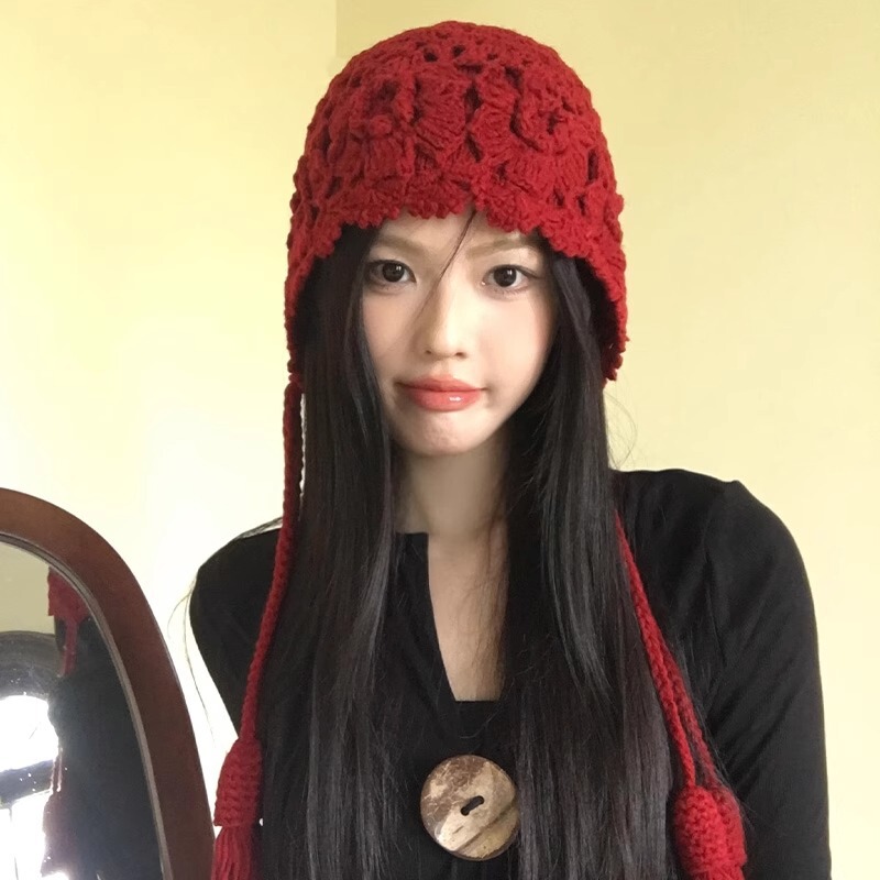 四川西部旅行花タッセル赤いウールの帽子女性の秋と冬のニットつば帽子耳保護顔小さなプルオーバー帽子|undefined