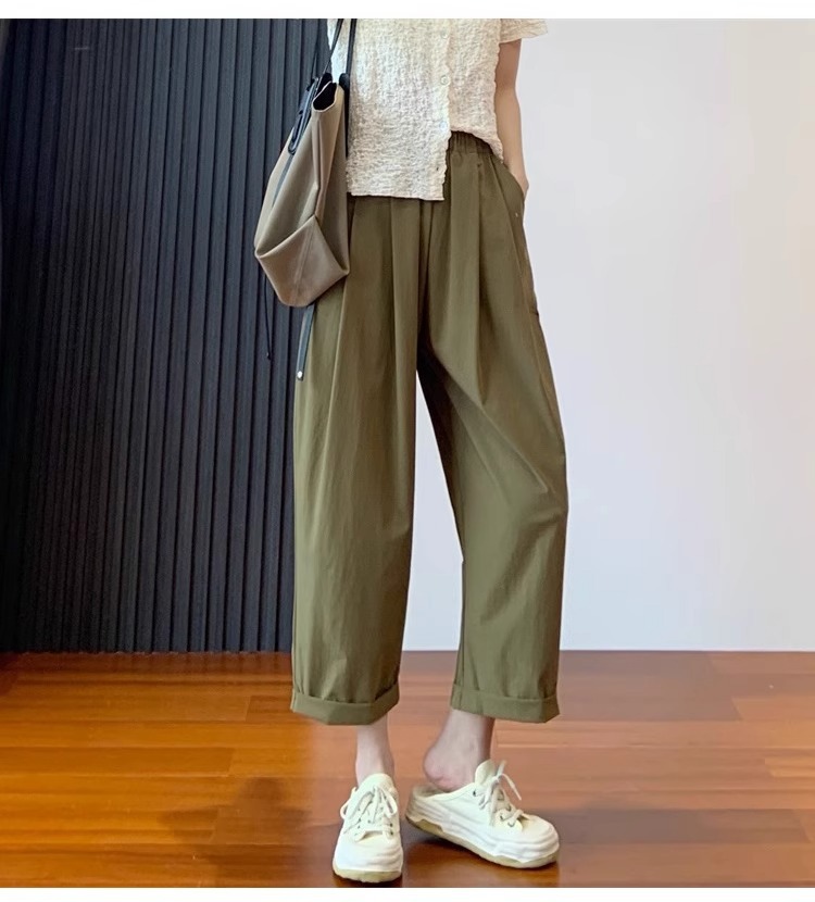 Quần dài ống đứng nữ vải lụa băng mỏng mùa hè, dáng suông thoáng khí, cỡ lớn cho người mập — 9 phân mẫu mỏng màu đen chi tiết 5