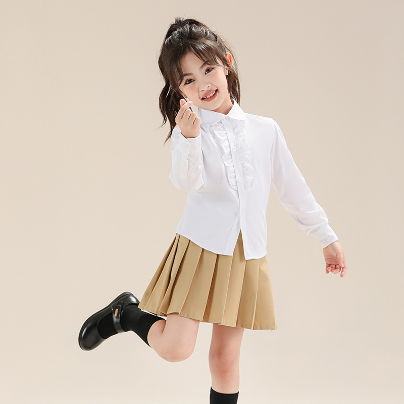 Niñas camisas de cinturón de 2 piezas set de encaje de pecho para niños camisa blanca de estilo universitario camisa de primavera y otoño