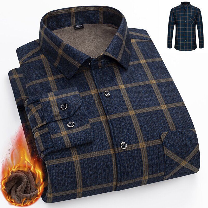 秋冬男士新款格子保暖衬衫加绒加厚中老年休闲宽松外套棉衣爸爸装